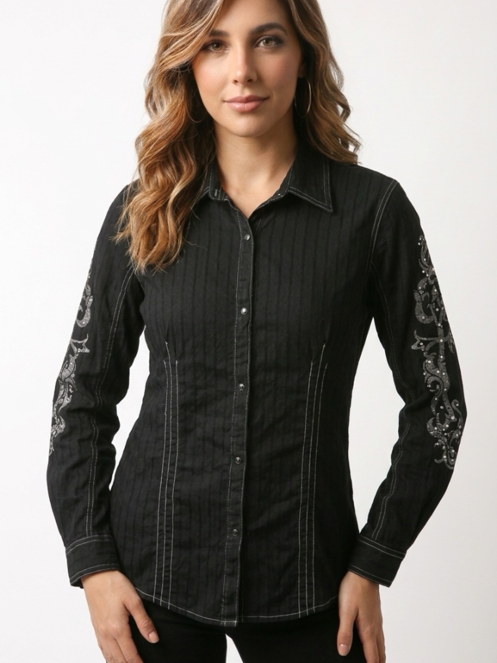 ROCK 47 BY WRANGLER • Rhinestone Scroll Snap Western Shirt Black Large